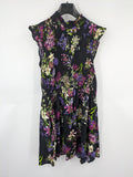Bridal Party Dress multi floral pattern black background smocked bodice with stand-up collar