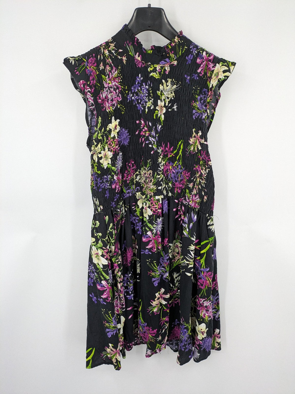 Bridal Party Dress multi floral pattern black background smocked bodice with stand-up collar
