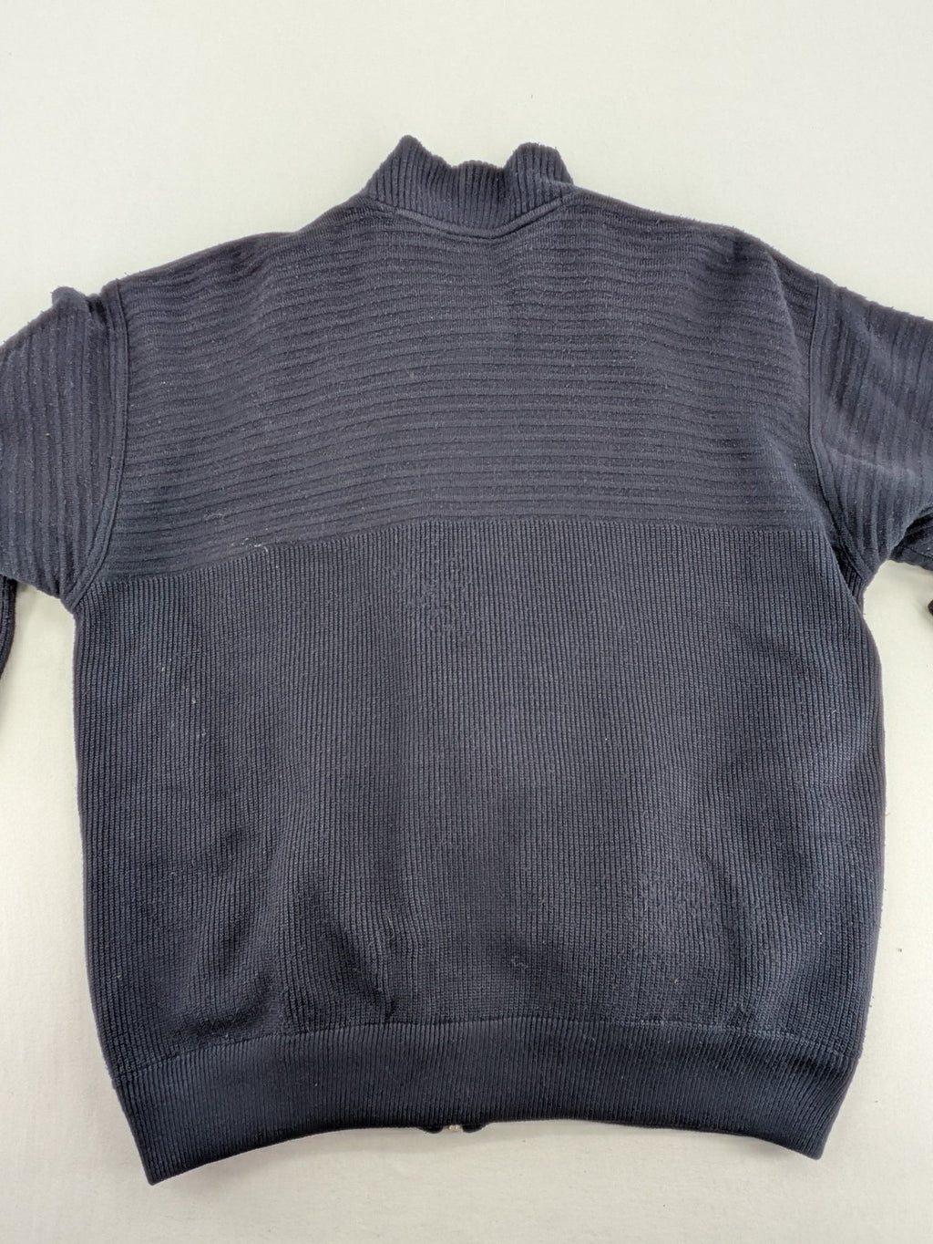 Neverland grey and navy full zip turtle neck jumper with ribbed knit and shoulder patches.