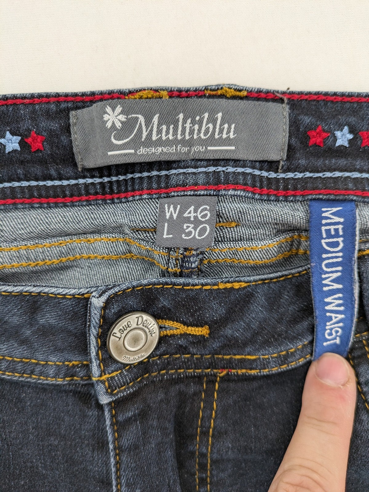 Multiblu blue straight jeans medium waist used look 5-pocket design with button and zipper.