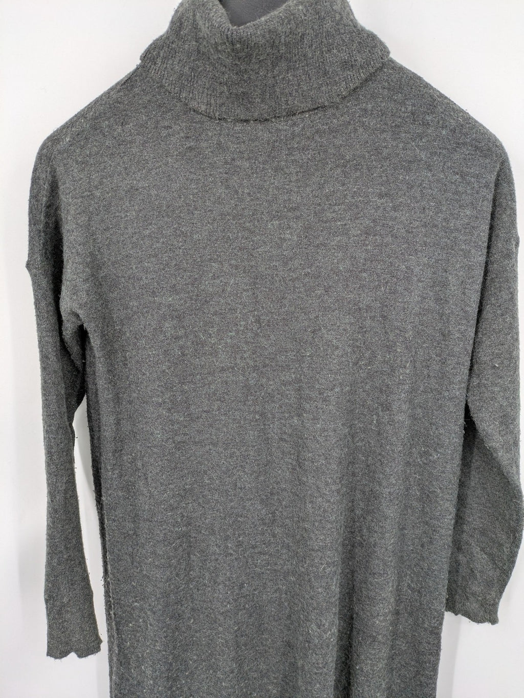 ONLY grey knitted midi dress with roll neck, long sleeves, and side slits.