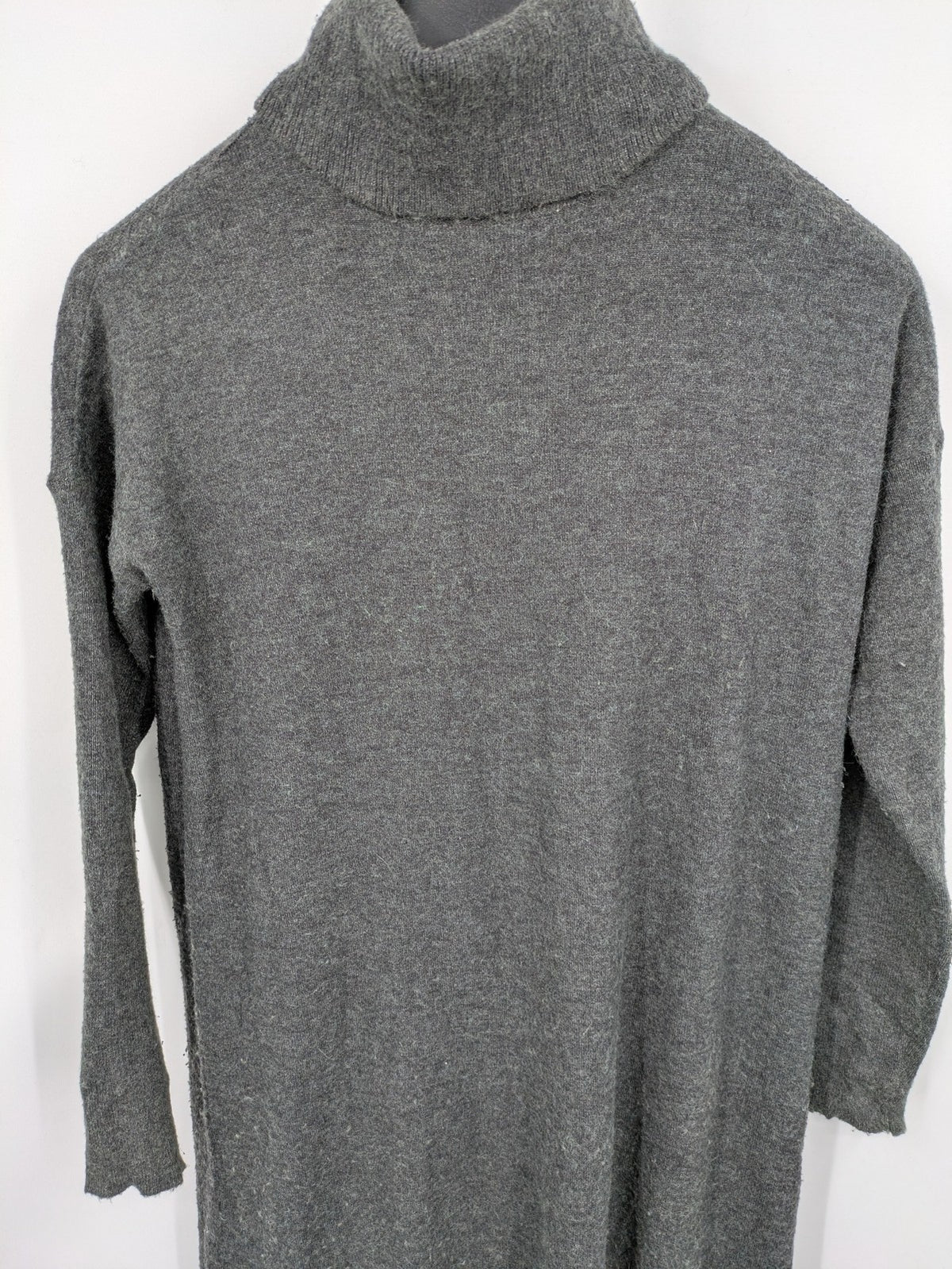 ONLY grey knitted midi dress with roll neck, long sleeves, and side slits.