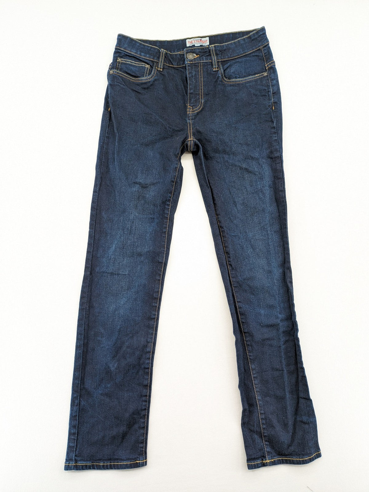 The Straight blue straight leg jeans with contrast stitching and 5-pocket design.