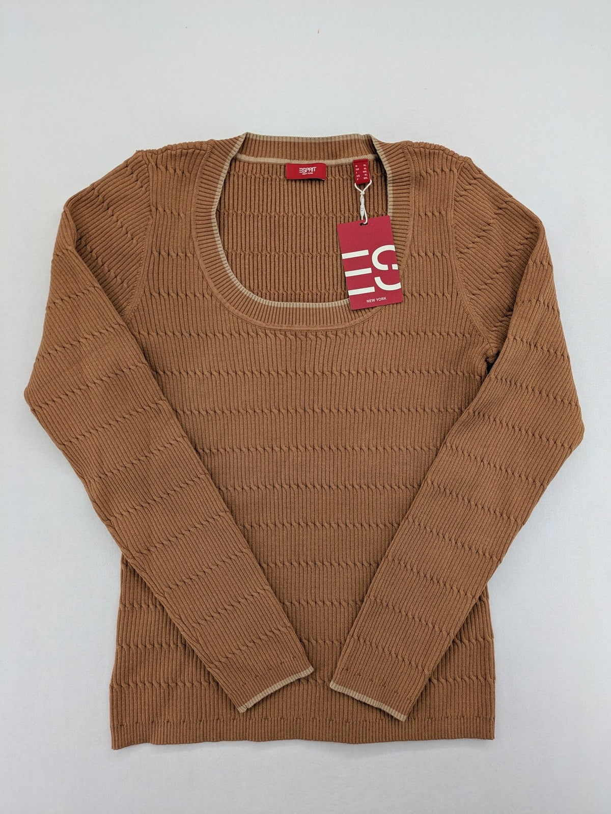 Esprit brown turtle neck jumper with ribbed texture and wide U-neckline.