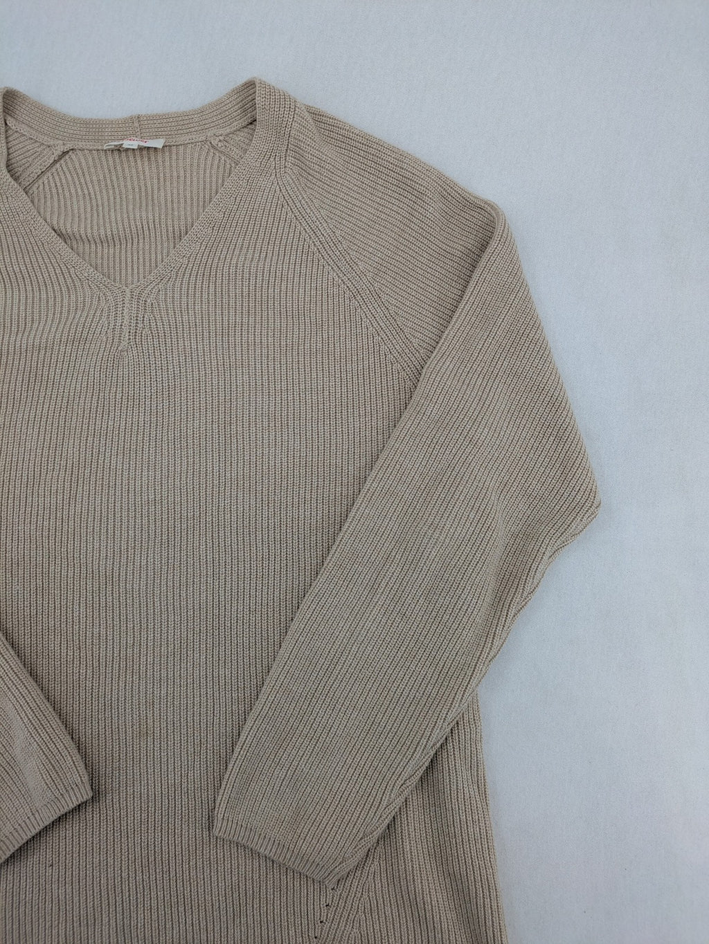 s.Oliver beige turtle neck jumper with V-neck, ribbed texture, and raglan sleeves