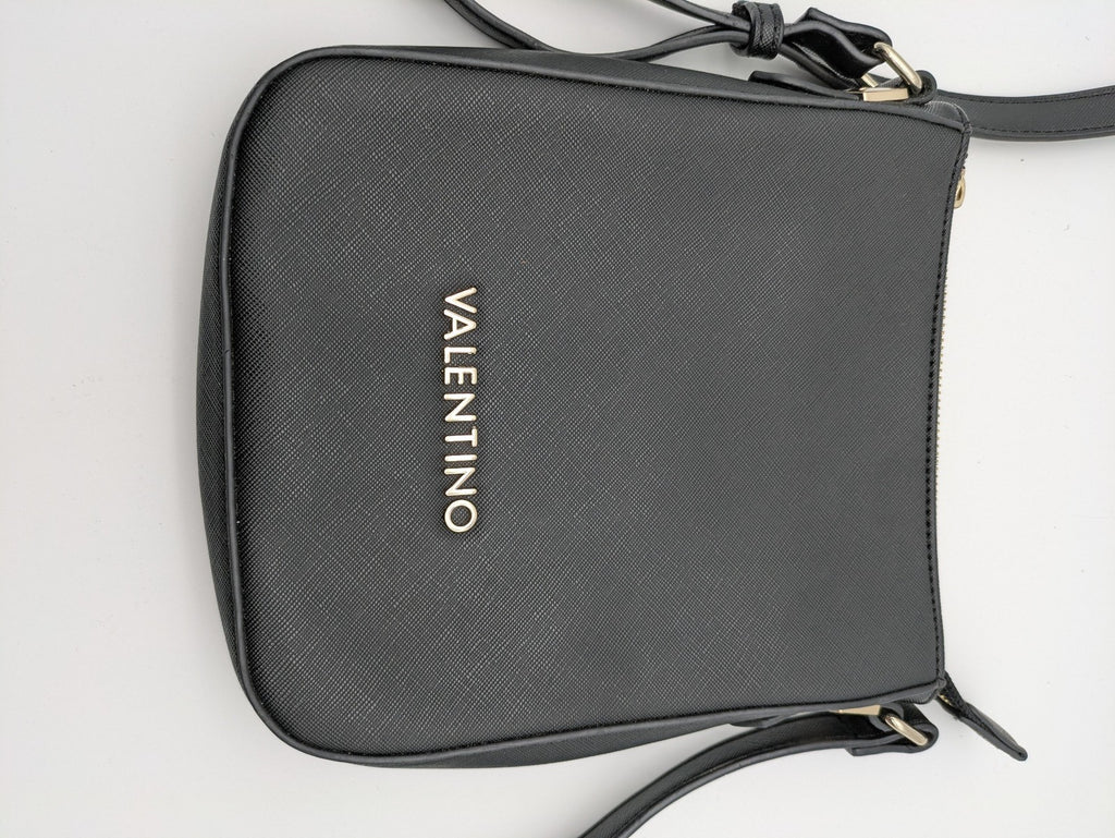 Mario Valentino messenger bag black saffiano texture gold logo hardware