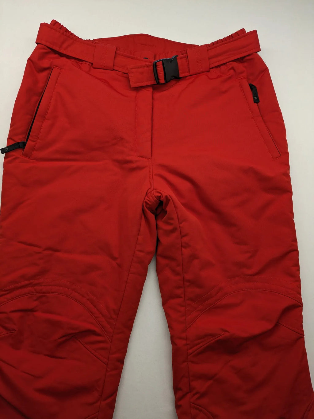 Rodeo red ski pants padded design adjustable belt multiple zip pockets