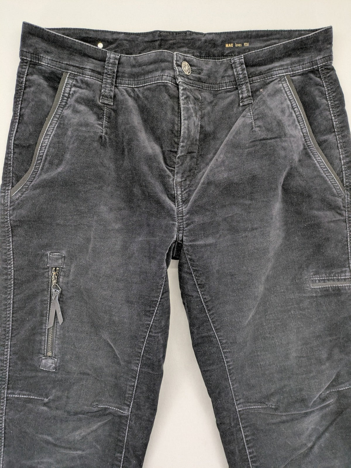 Mac Jeans grey cargo pants soft corduroy biker style with zipper details.