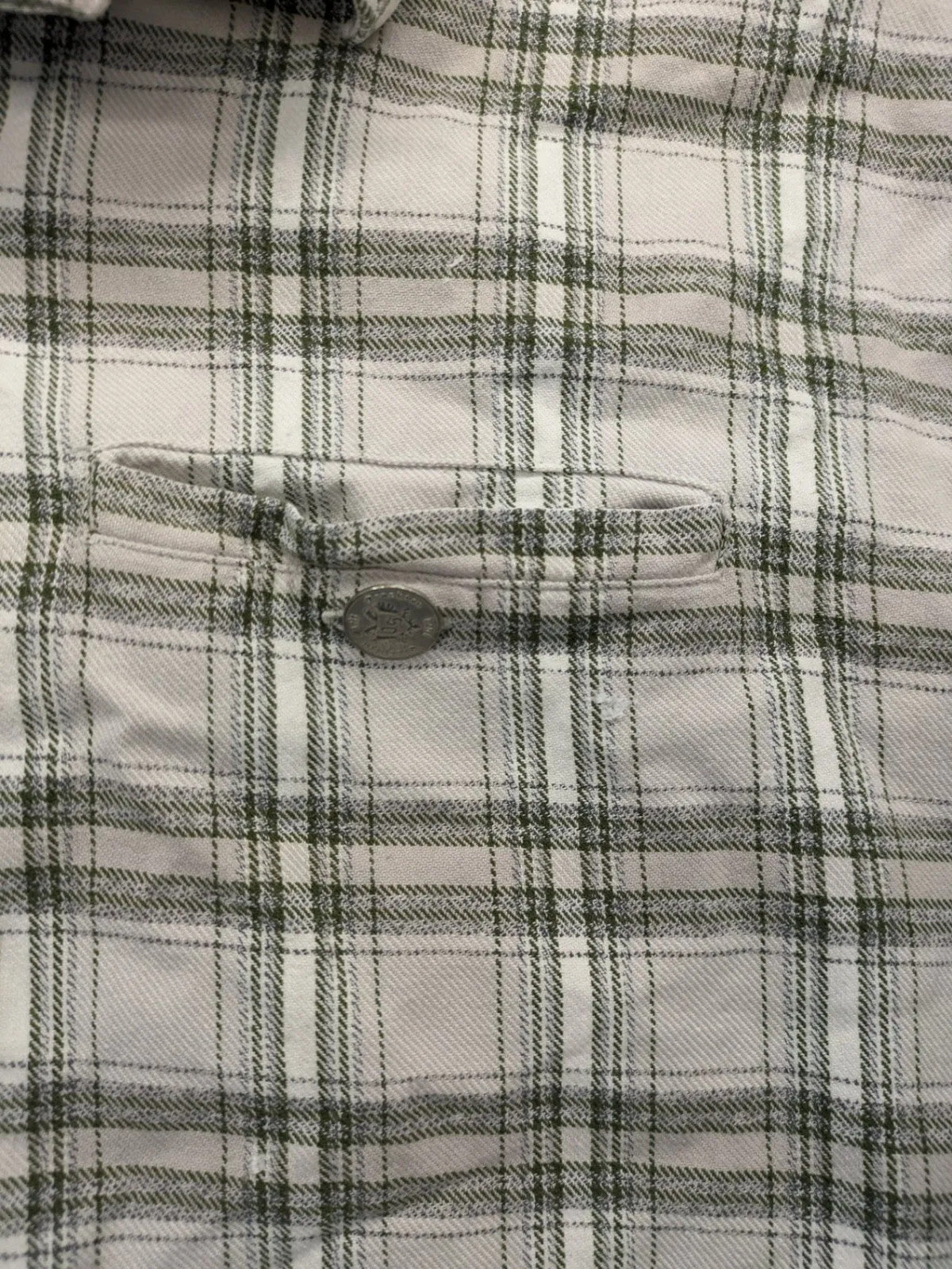 OS Trachten beige green checkered long sleeve shirt with button-up front and chest pocket.