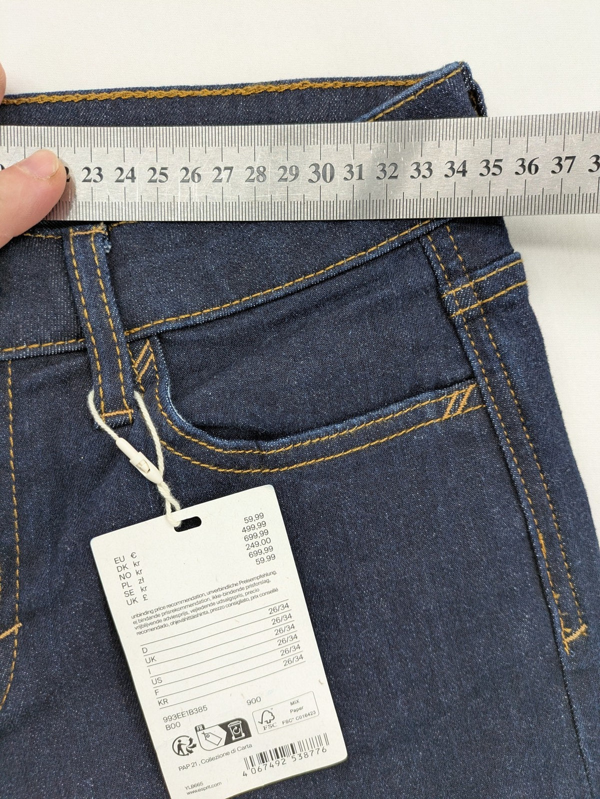 Esprit blue straight leg jeans mid rise with classic 5-pocket design and contrast stitching.