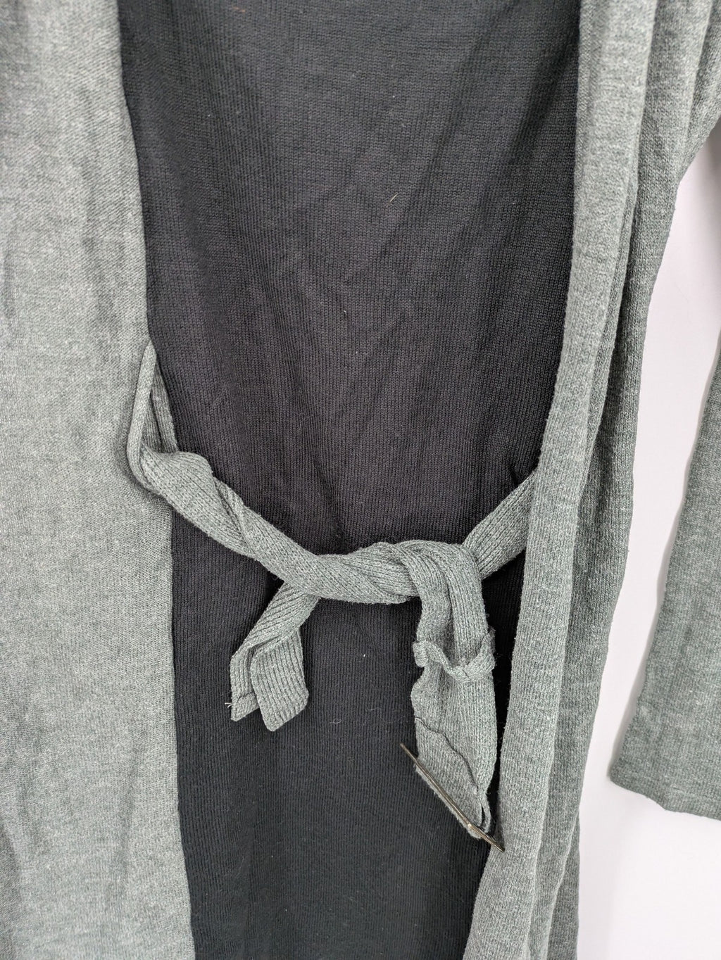 Bodyflirt grey cardigan with black top, open front, soft knit, waterfall collar.