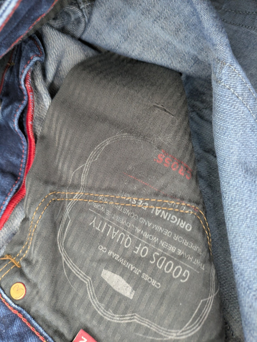 W32 blue straight jeans with classic 5-pocket design and dark wash denim.