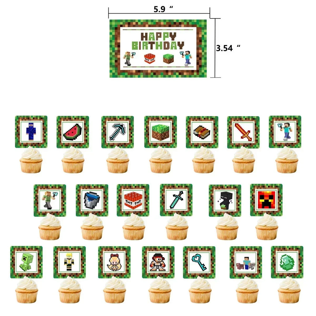 Game Mine black and green toy gift basket with Minecraft character balloons and cake toppers.