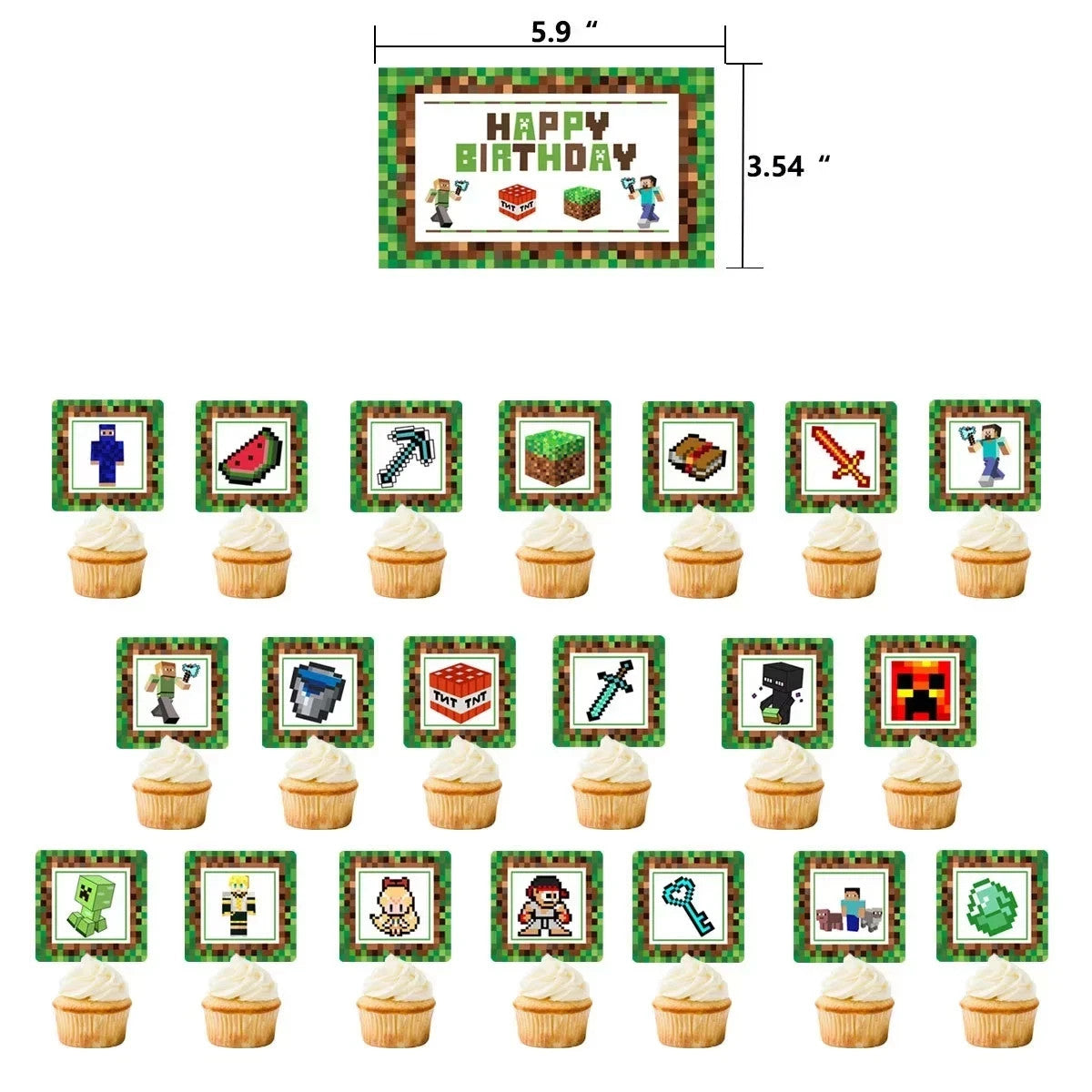 Game Mine black and green toy gift basket with Minecraft character balloons and cake toppers.