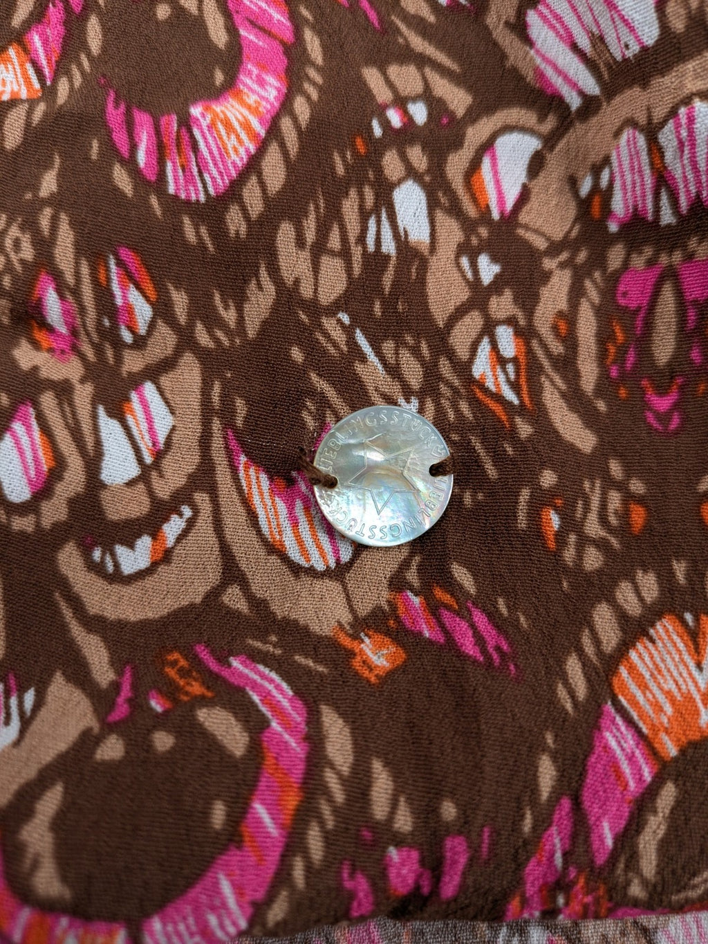 Lieblingsstück brown and pink patterned blouse, lightweight viscose, round neckline, long sleeves.