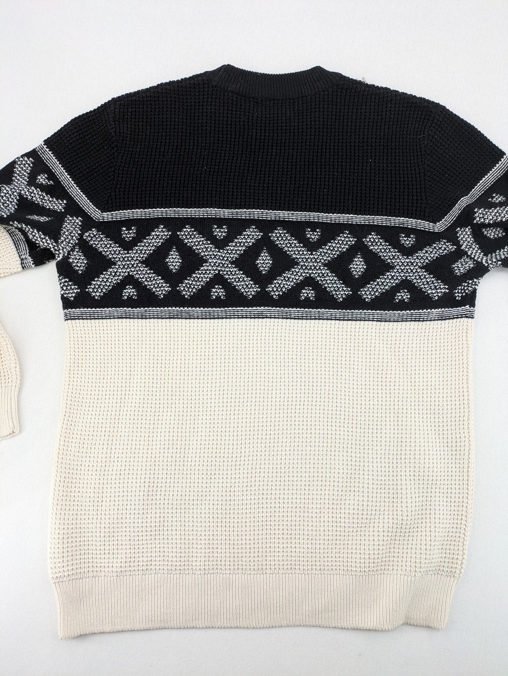 C&A turtle neck jumper black cream with Nordic pattern and waffle knit texture.