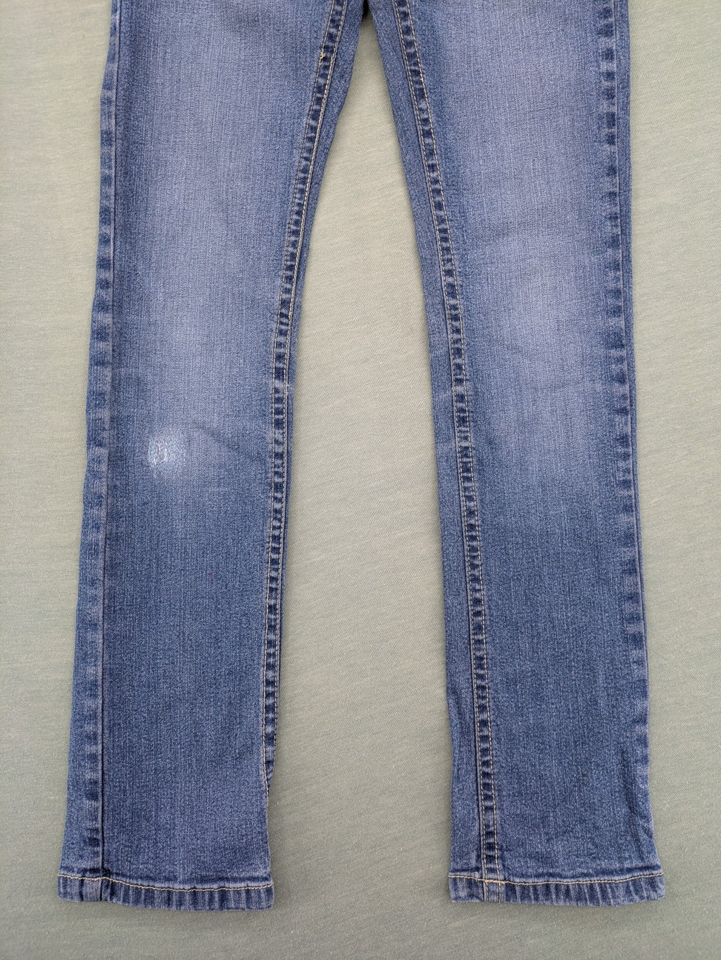 Bamboo blue straight jeans size 158, medium wash, classic 5-pocket style, stretch denim.