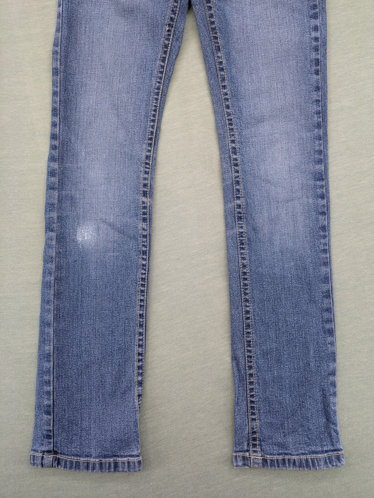 Bamboo blue straight jeans size 158, medium wash, classic 5-pocket style, stretch denim.