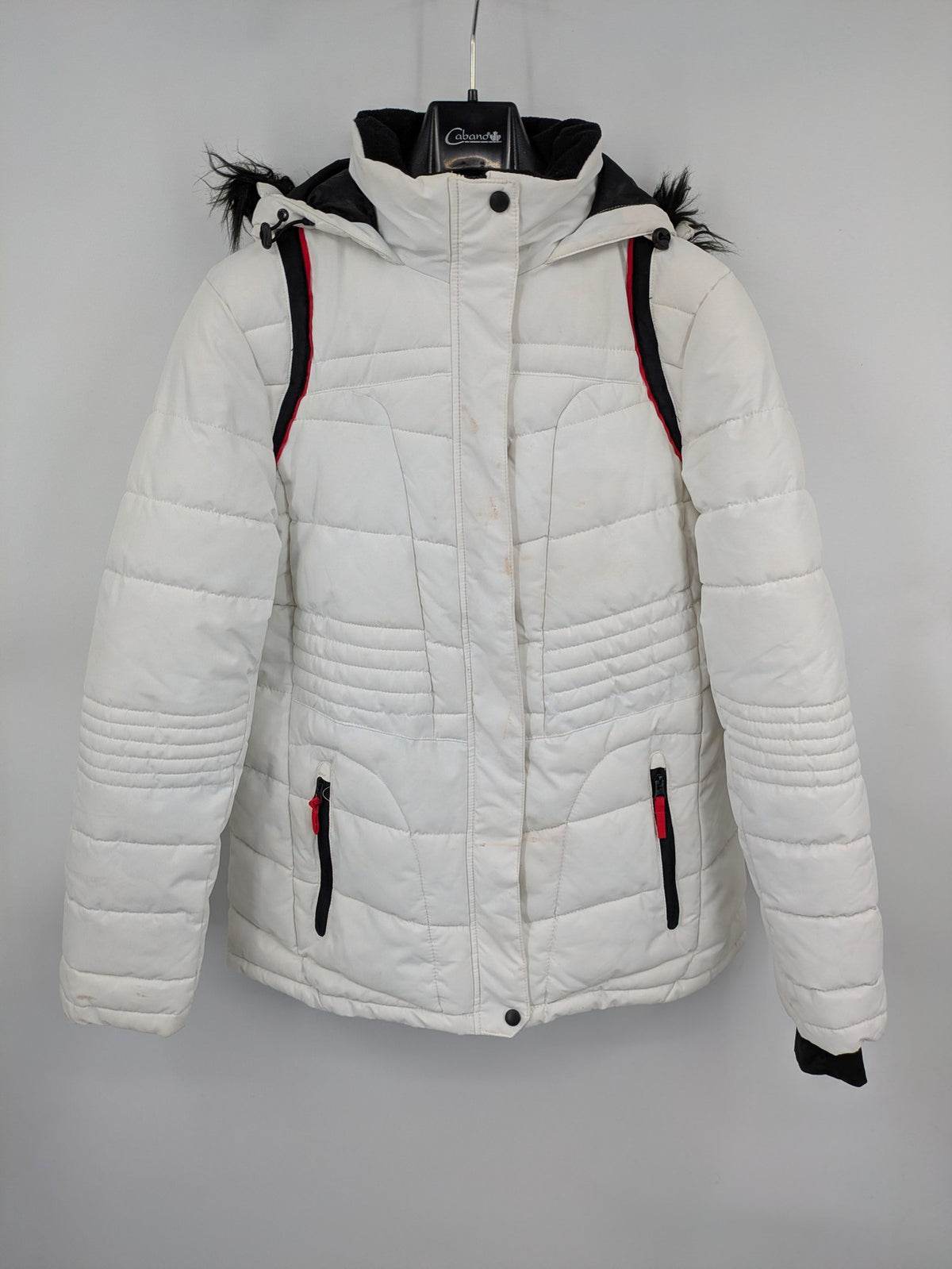 Janina white puffer jacket with quilted design and faux fur hood accents.