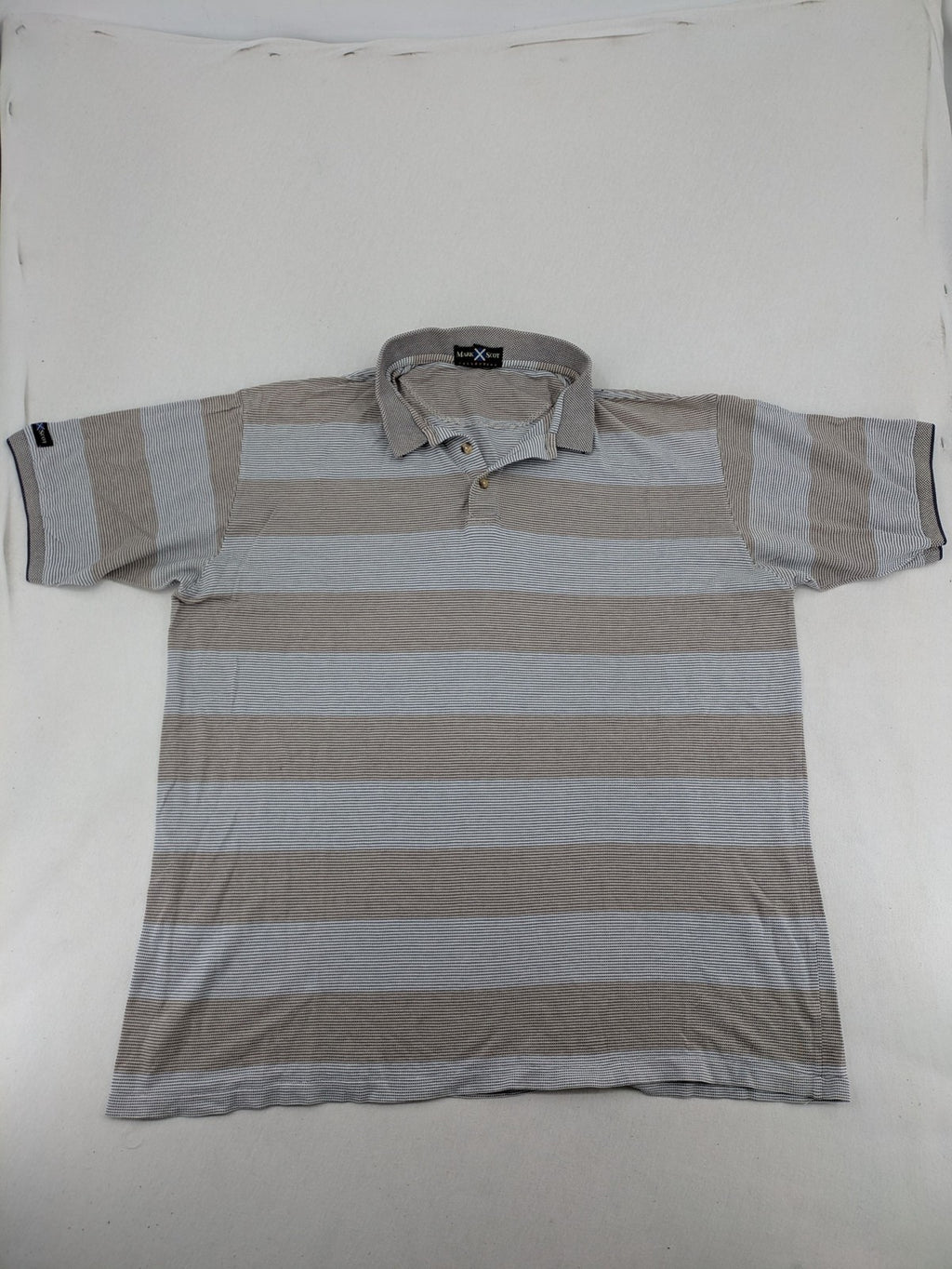 Mark Scot Collection grey and tan striped polo shirt with classic collar and logo.