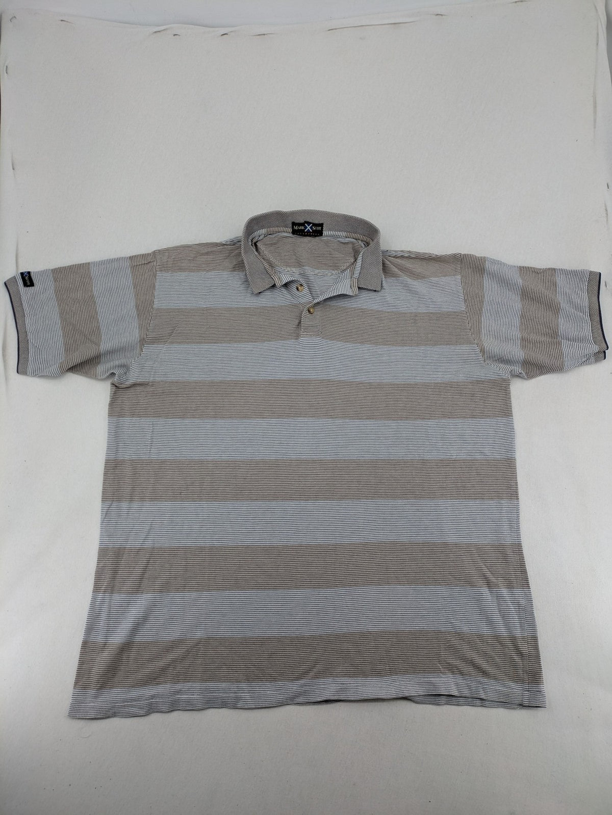 Mark Scot Collection grey and tan striped polo shirt with classic collar and logo.