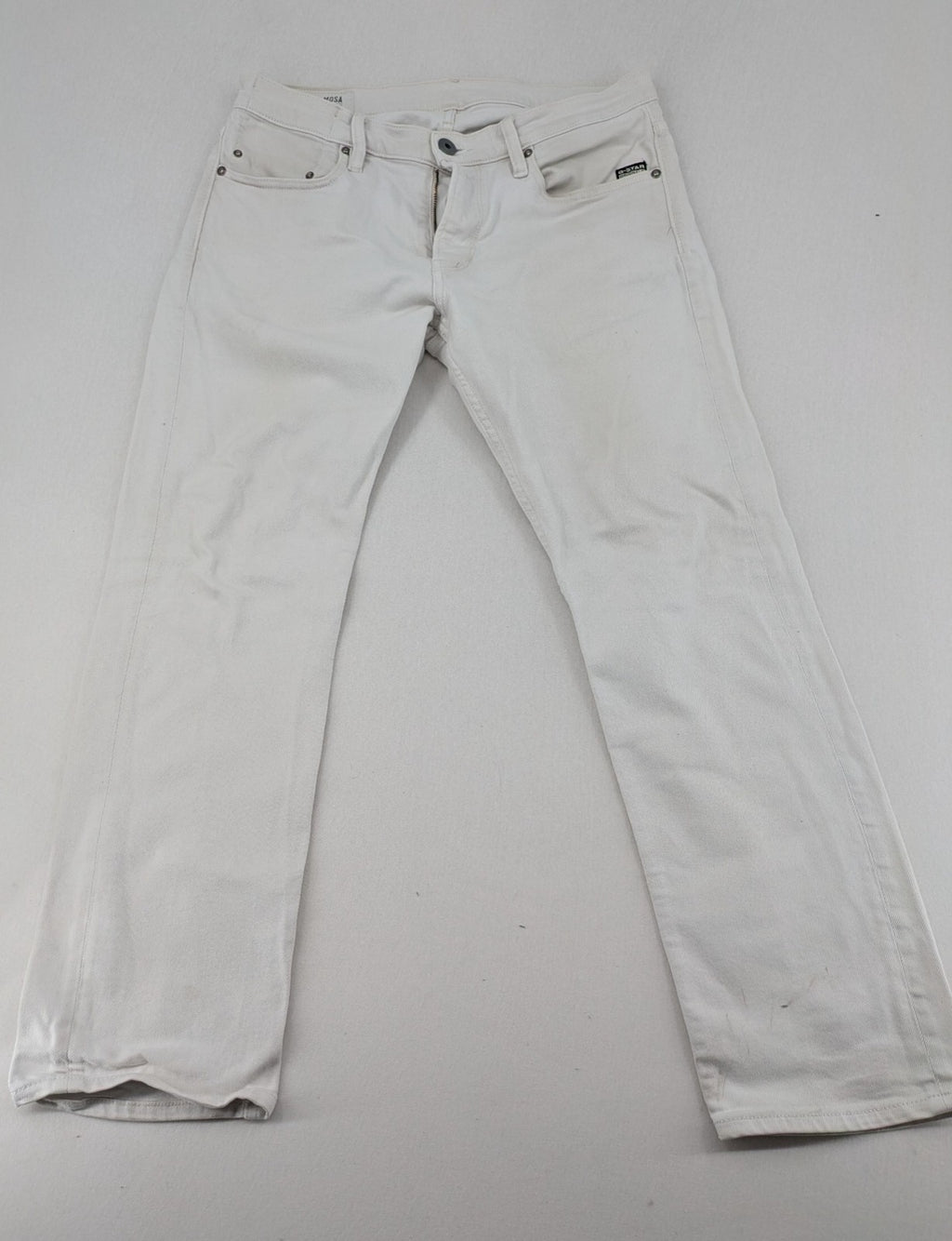 G-Star Raw white straight jeans with logo patch and stretch denim material.