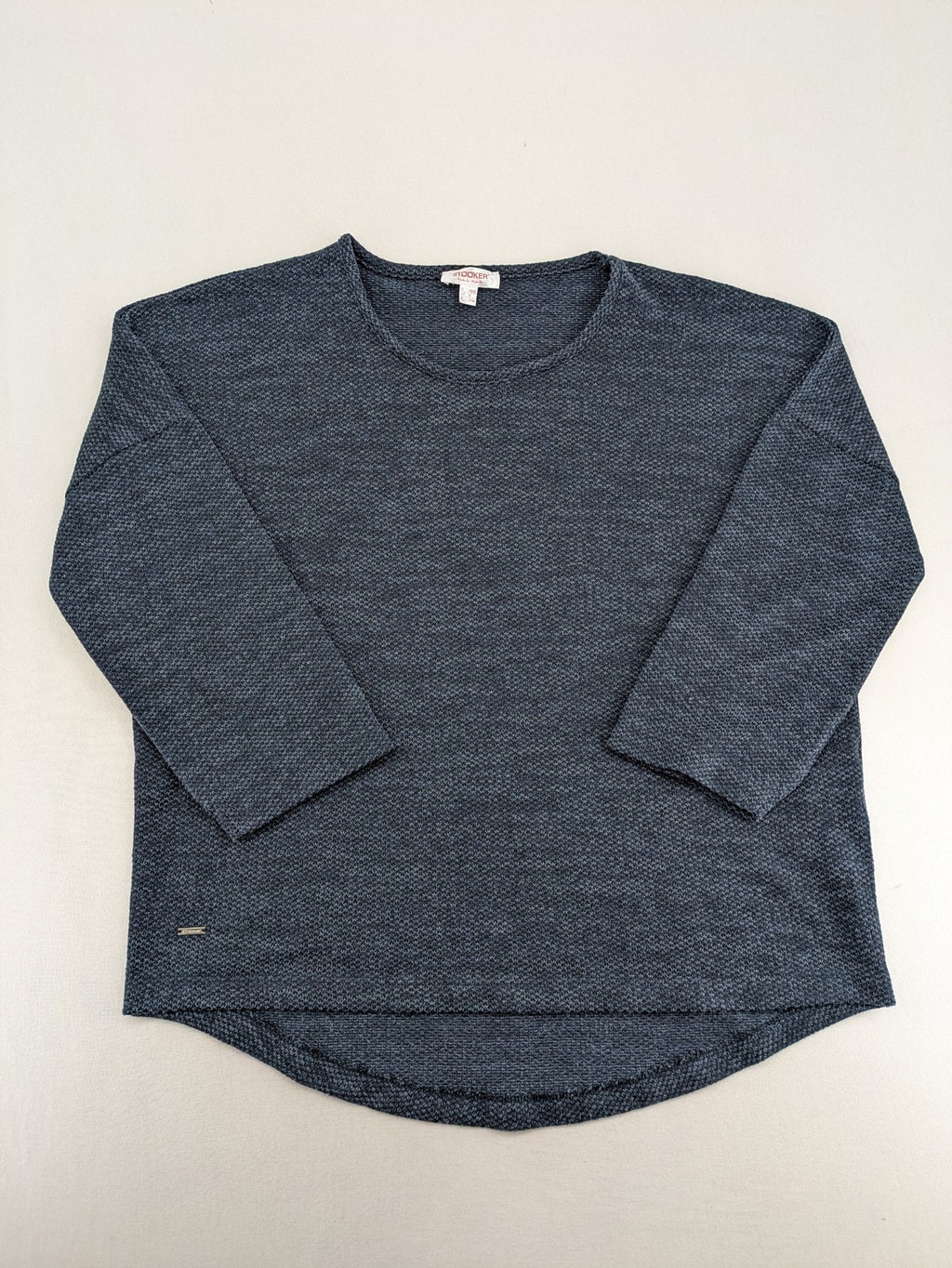 Stooker blue turtle neck jumper with melange knit texture and 3/4 sleeves.