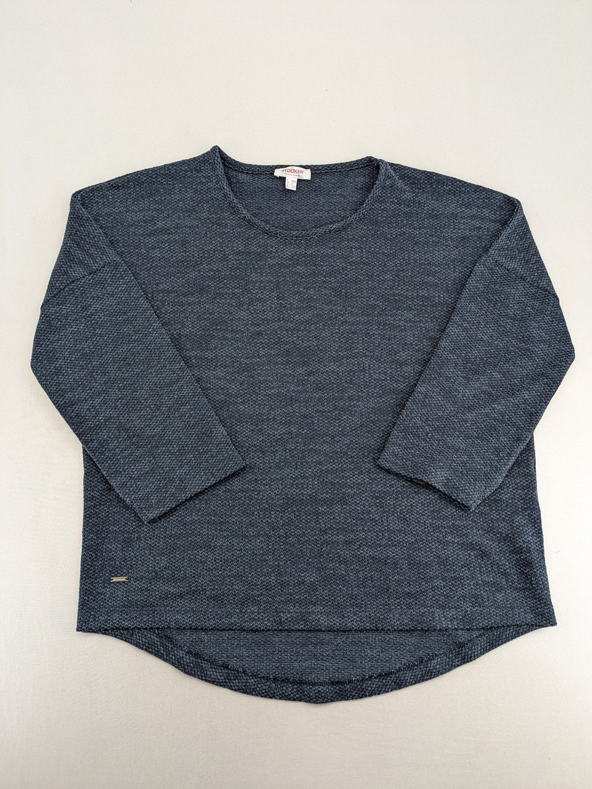 Stooker blue turtle neck jumper with melange knit texture and 3/4 sleeves.