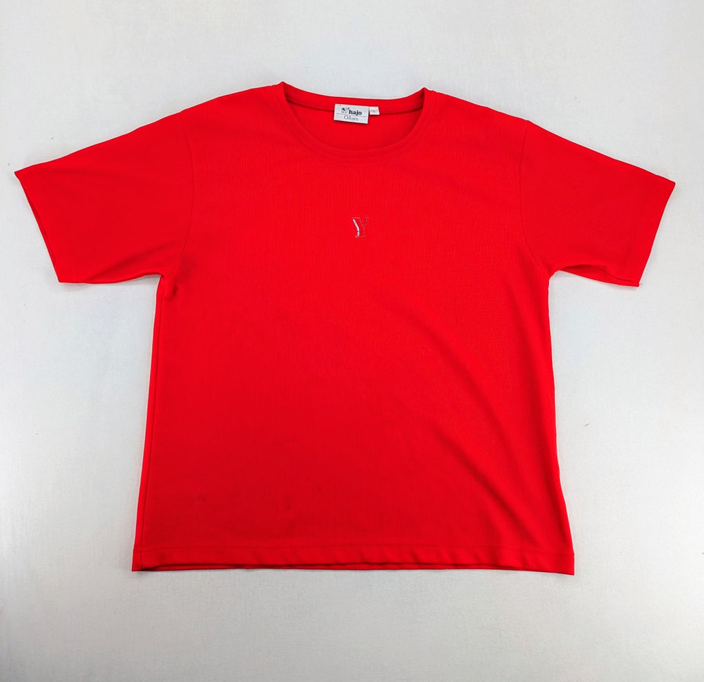 Hajo red t-shirt with ribbed texture and rhinestone Y-logo on chest.