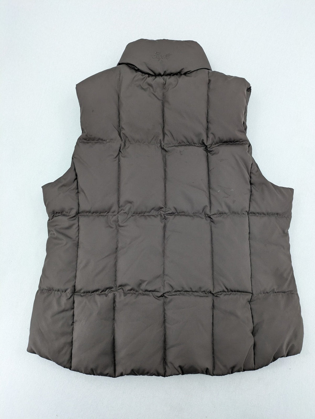 Esprit brown puffer vest with high ribbed collar and zip button closure.
