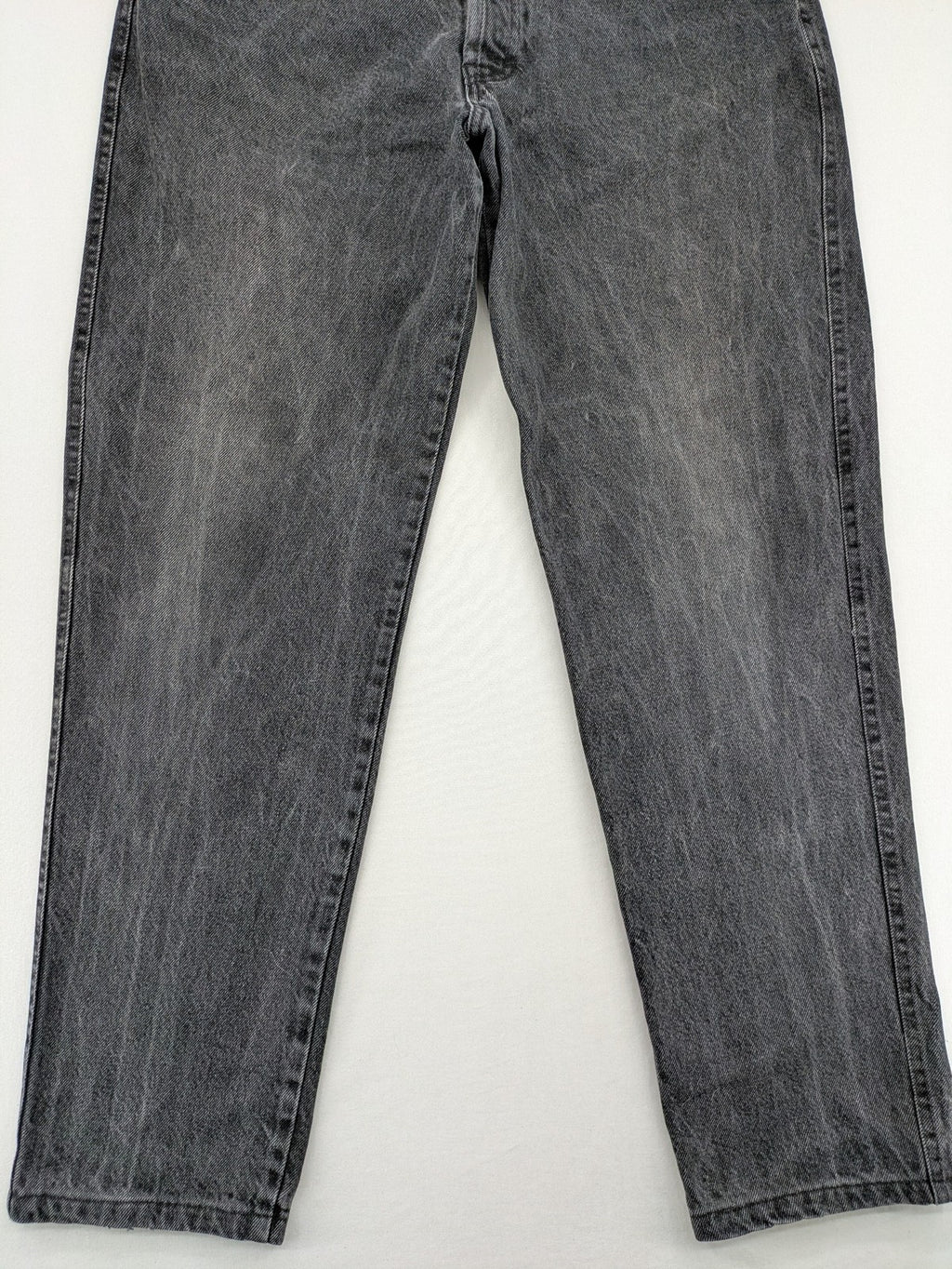 Lucky Star grey tapered high waist jeans with faded wash and red logo details.