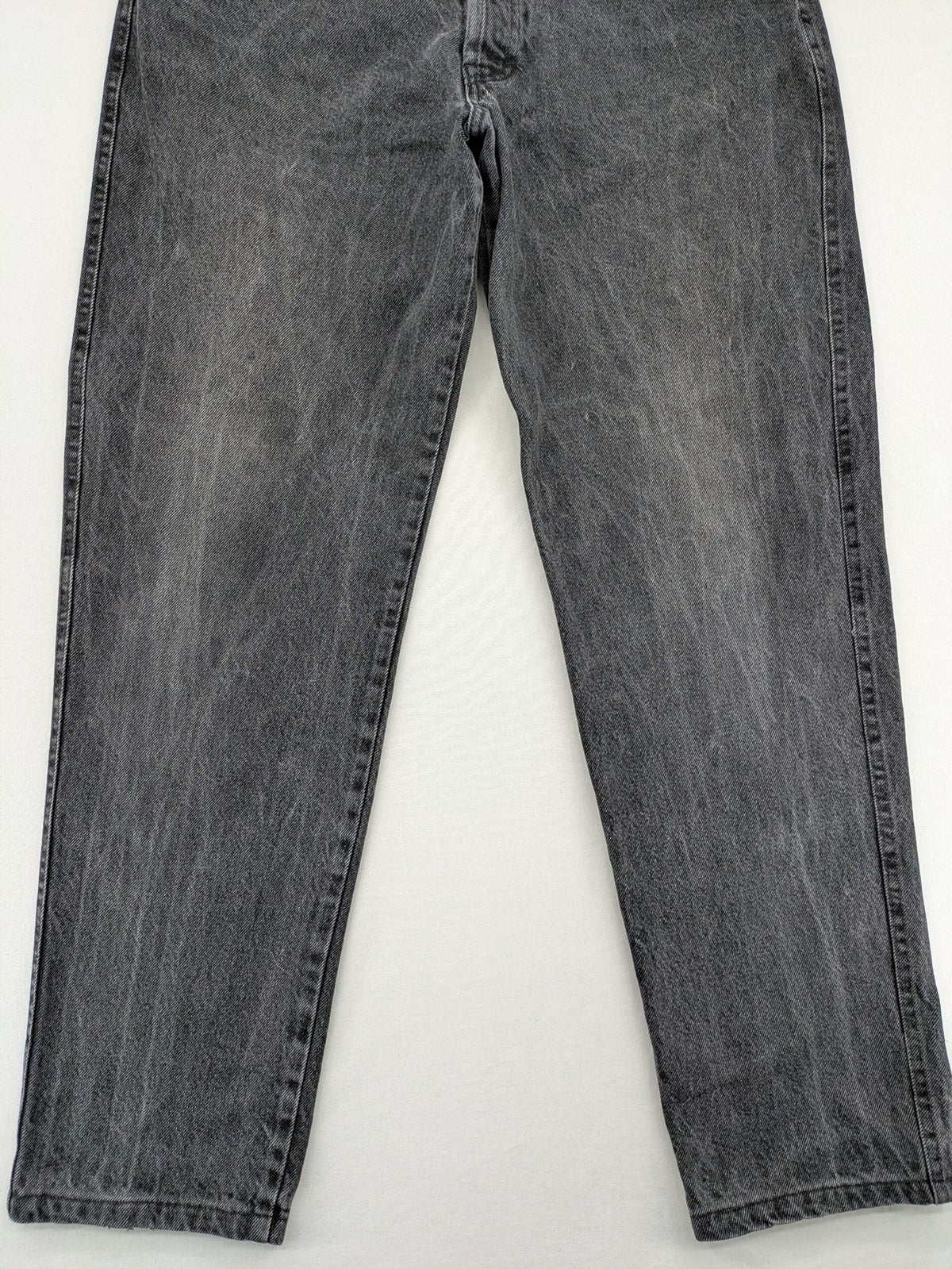 Lucky Star grey tapered high waist jeans with faded wash and red logo details.