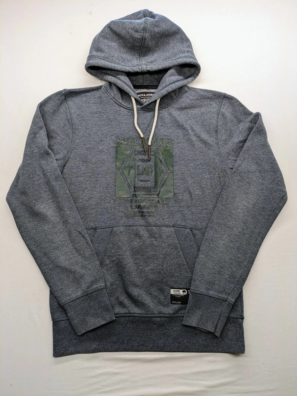 Jack & Jones green-grey hoodie with "Denim Lab" graphic, drawstring hood, kangaroo pocket.