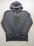Jack & Jones green-grey hoodie with "Denim Lab" graphic, drawstring hood, kangaroo pocket.