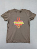 Aerosmith khaki band t-shirt featuring large flaming skull graphic and logo, slim fit.