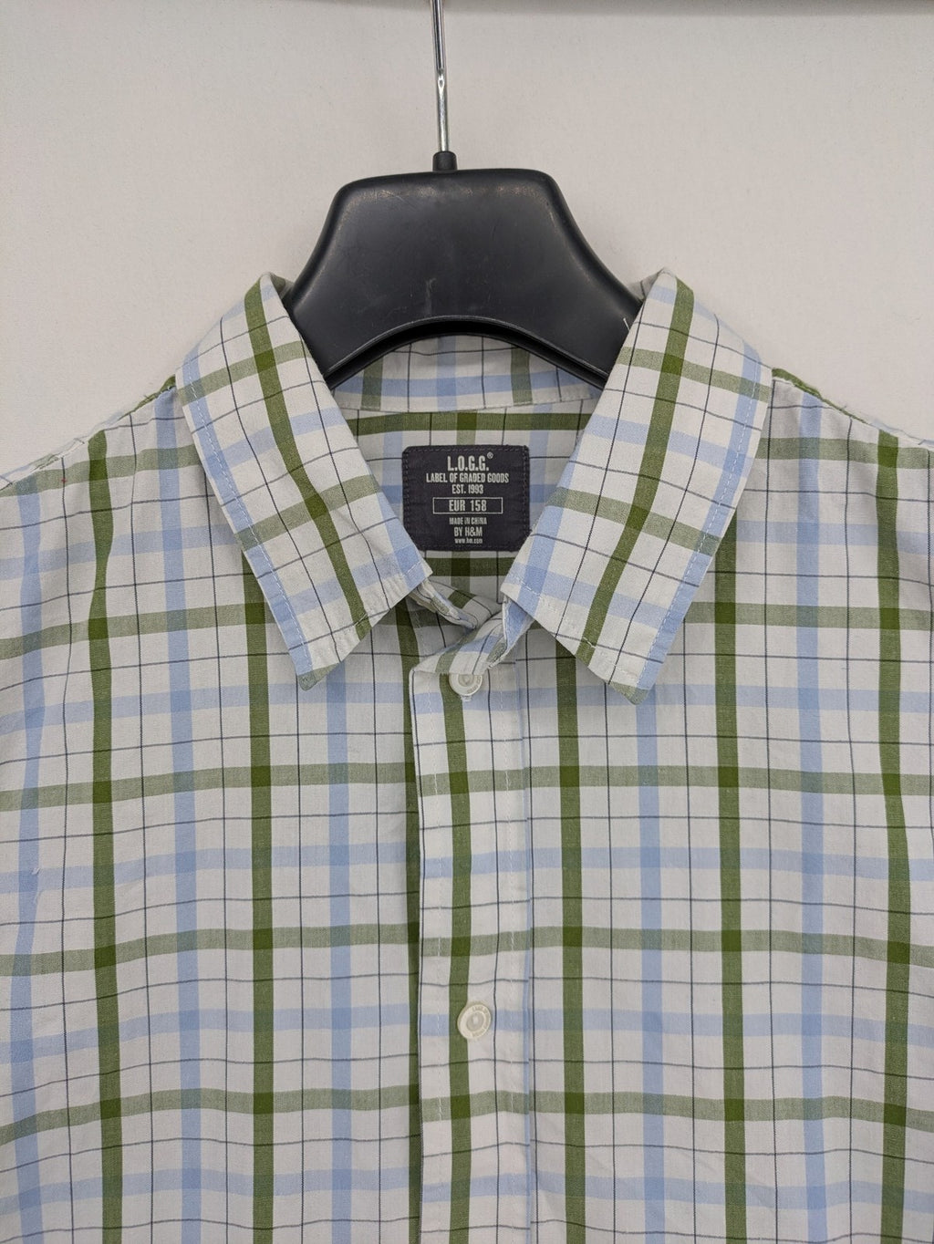 L.O.G.G green, blue, and white checked long-sleeve shirt with button placket and Kent collar.