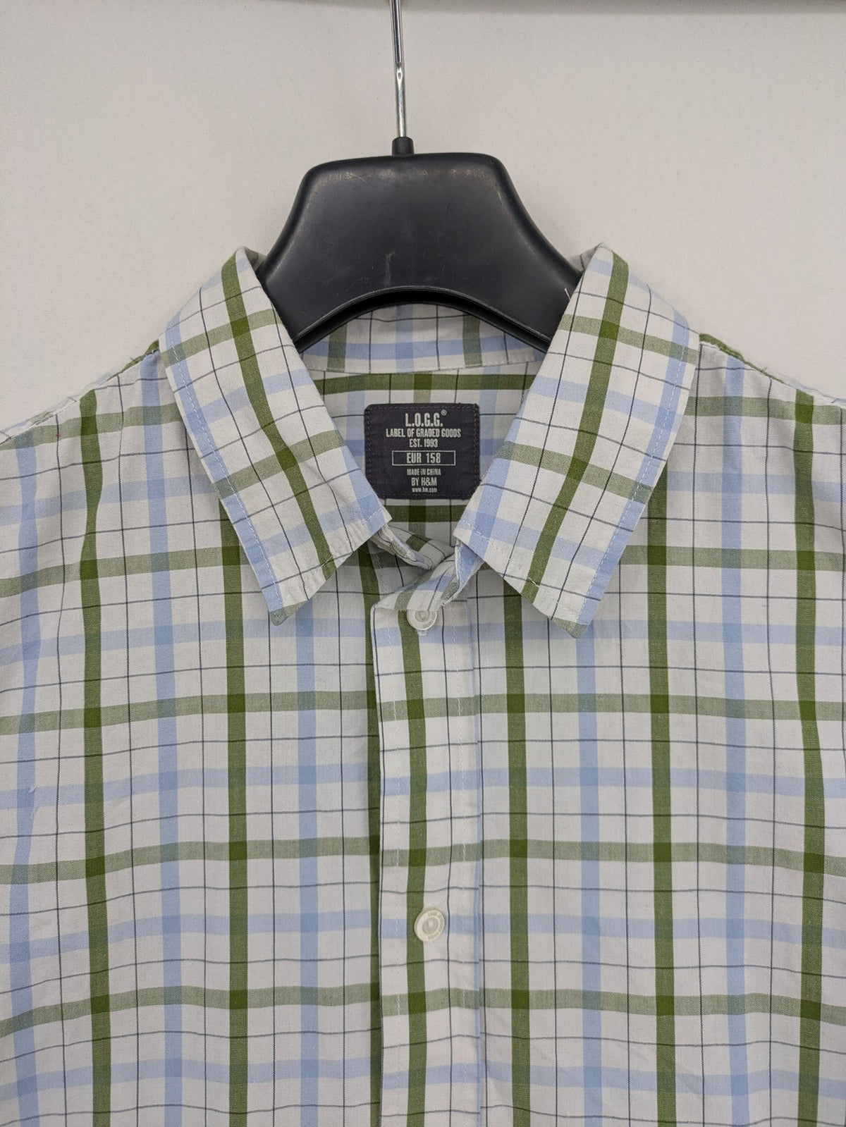 L.O.G.G green, blue, and white checked long-sleeve shirt with button placket and Kent collar.