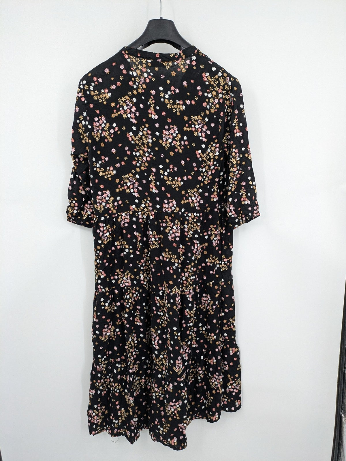 Janina women's A-line dress multi floral print on black, V-neck, 3/4 sleeves, lightweight viscose.