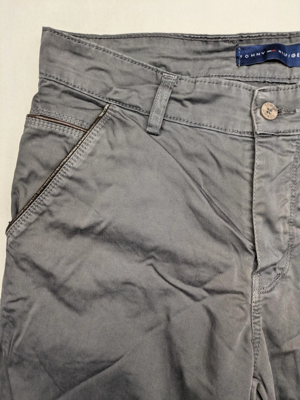 Tommy Hilfiger grey chino pants flat front straight leg subtle logo detail
