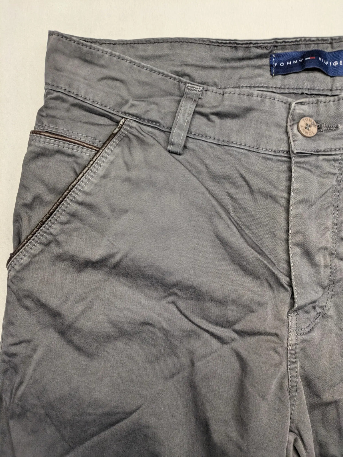 Tommy Hilfiger grey chino pants flat front straight leg subtle logo detail