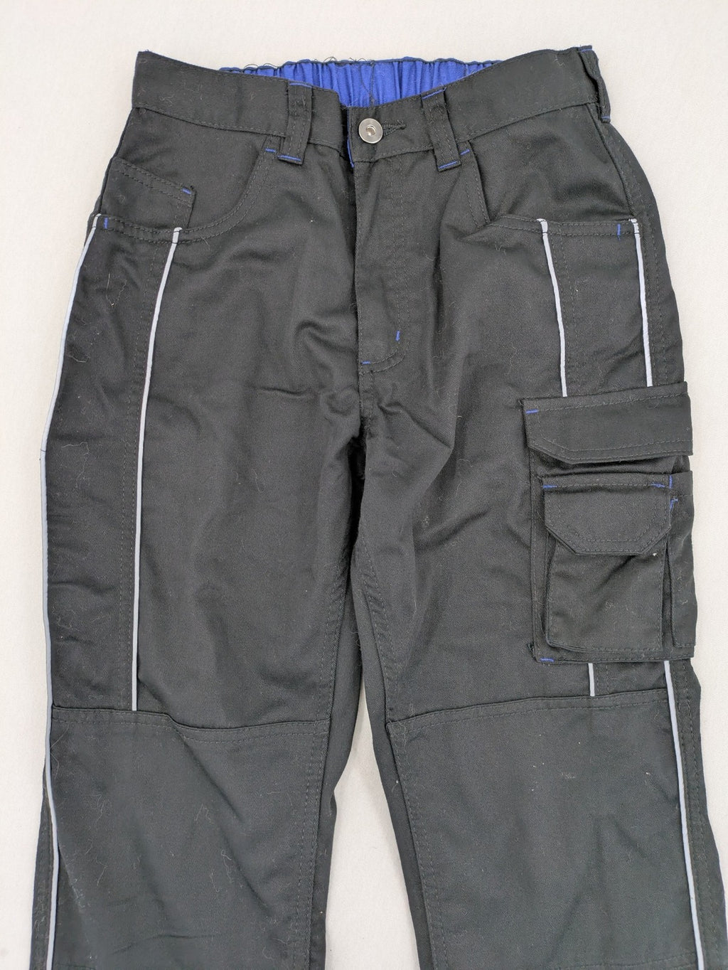 Powerfix Profi blue cargo pants with reflective stripes and side pockets, durable polyester-cotton blend.