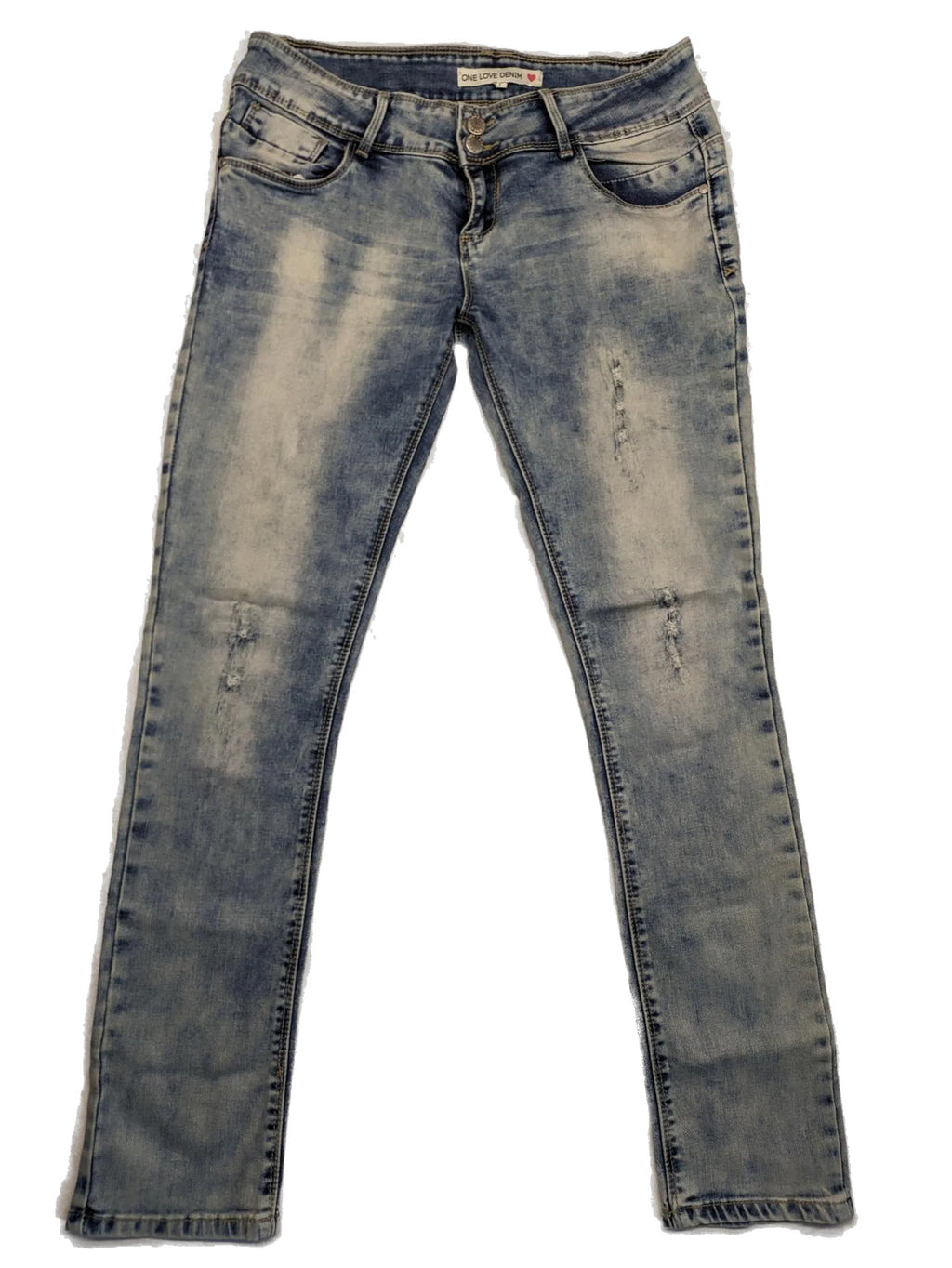 ONE LOVE DENIM blue straight jeans with distressed details and double button closure.
