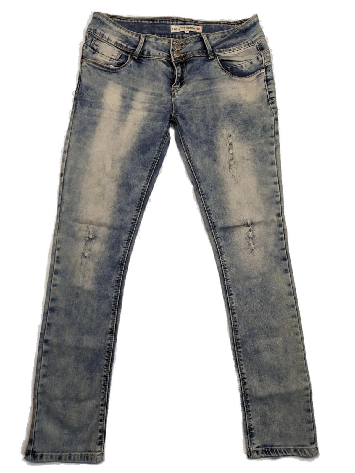 ONE LOVE DENIM blue straight jeans with distressed details and double button closure.