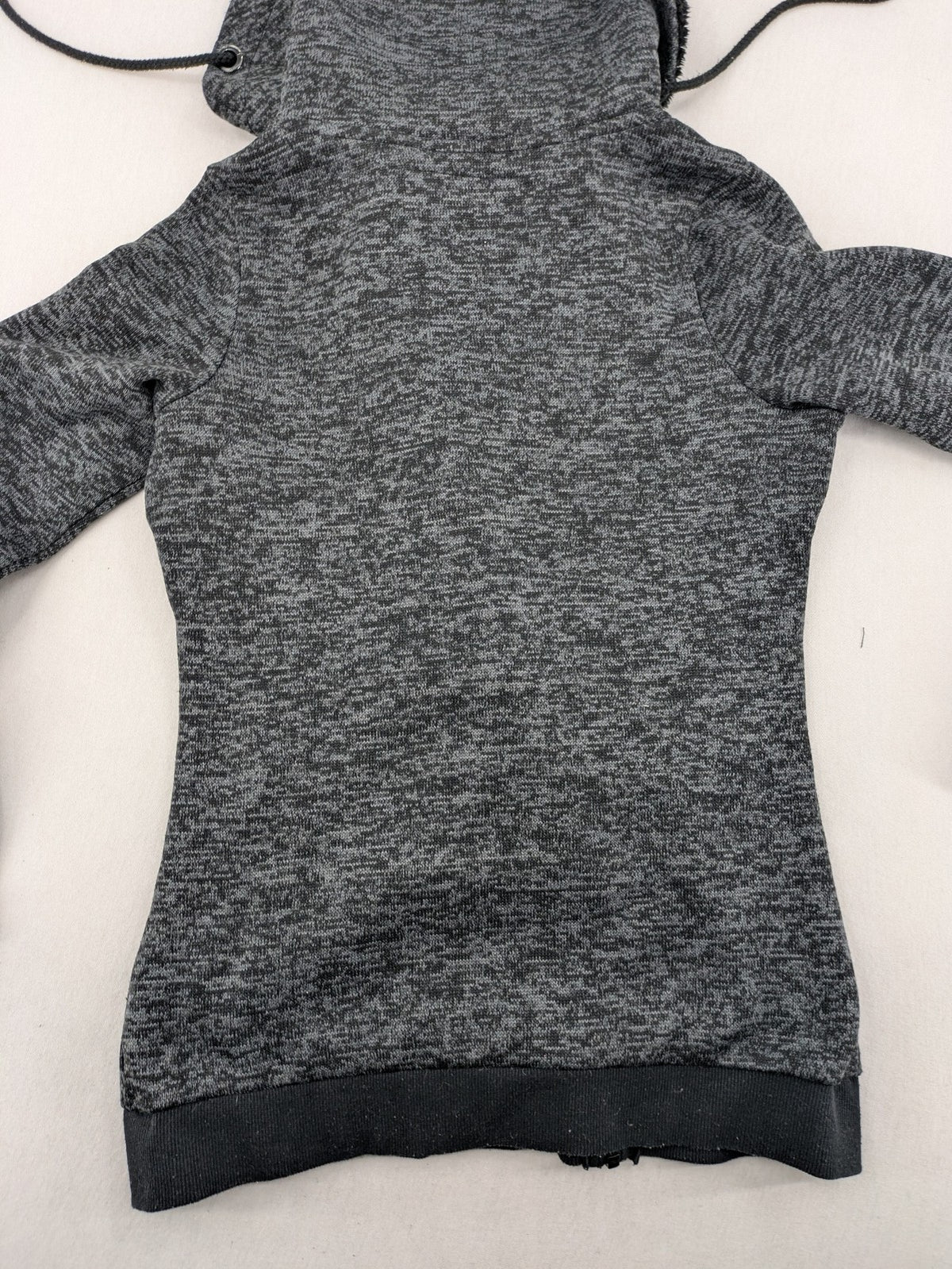 BLIND DATE grey asymmetrical zip hoodie with high fleece-lined waterfall collar.