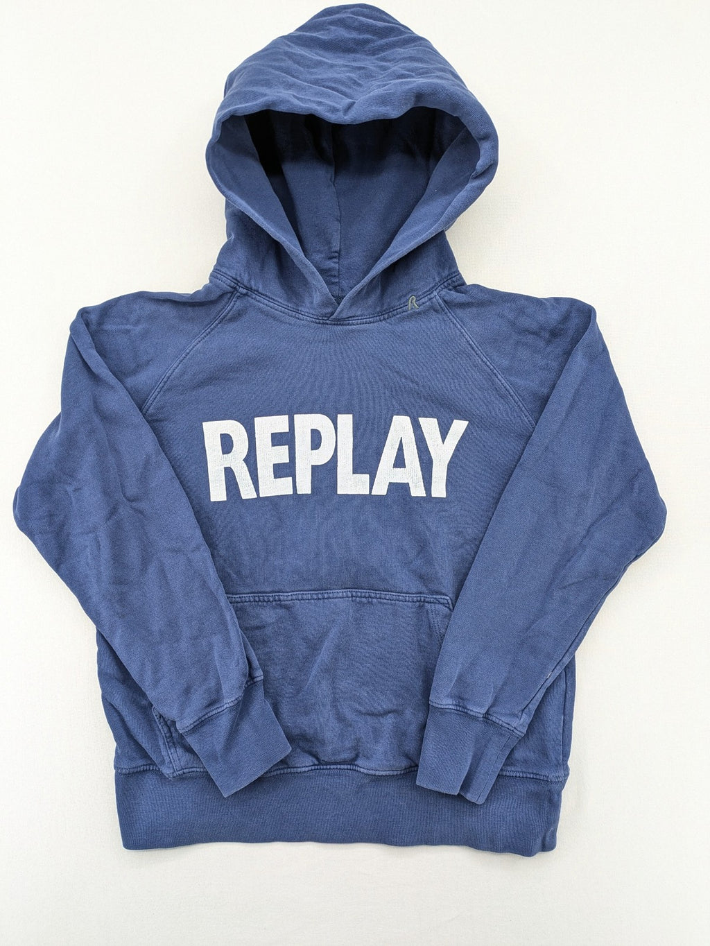 Replay blue turtle neck jumper with large logo print and kangaroo pocket, 100% cotton.