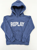 Replay blue turtle neck jumper with large logo print and kangaroo pocket, 100% cotton.