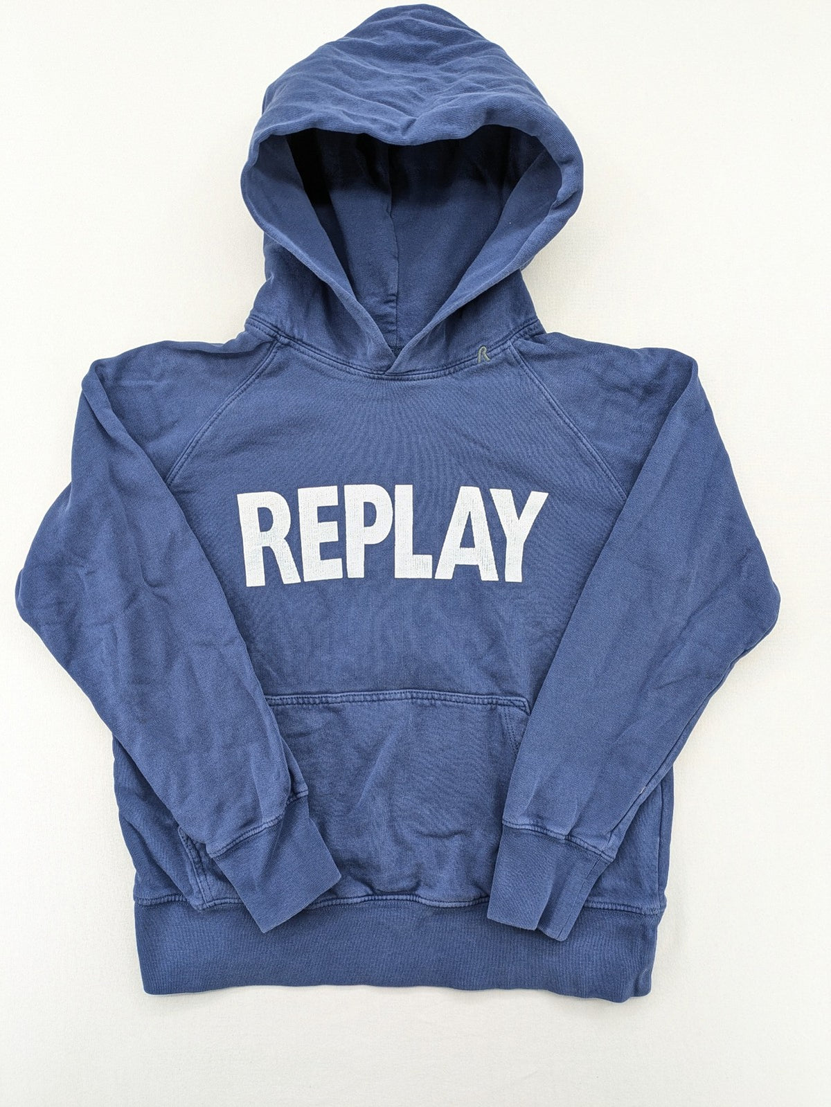 Replay blue turtle neck jumper with large logo print and kangaroo pocket, 100% cotton.