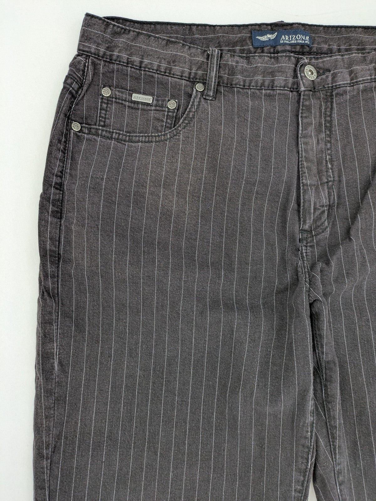 Arizona grey straight jeans with white pinstripe pattern, cotton blend material.
