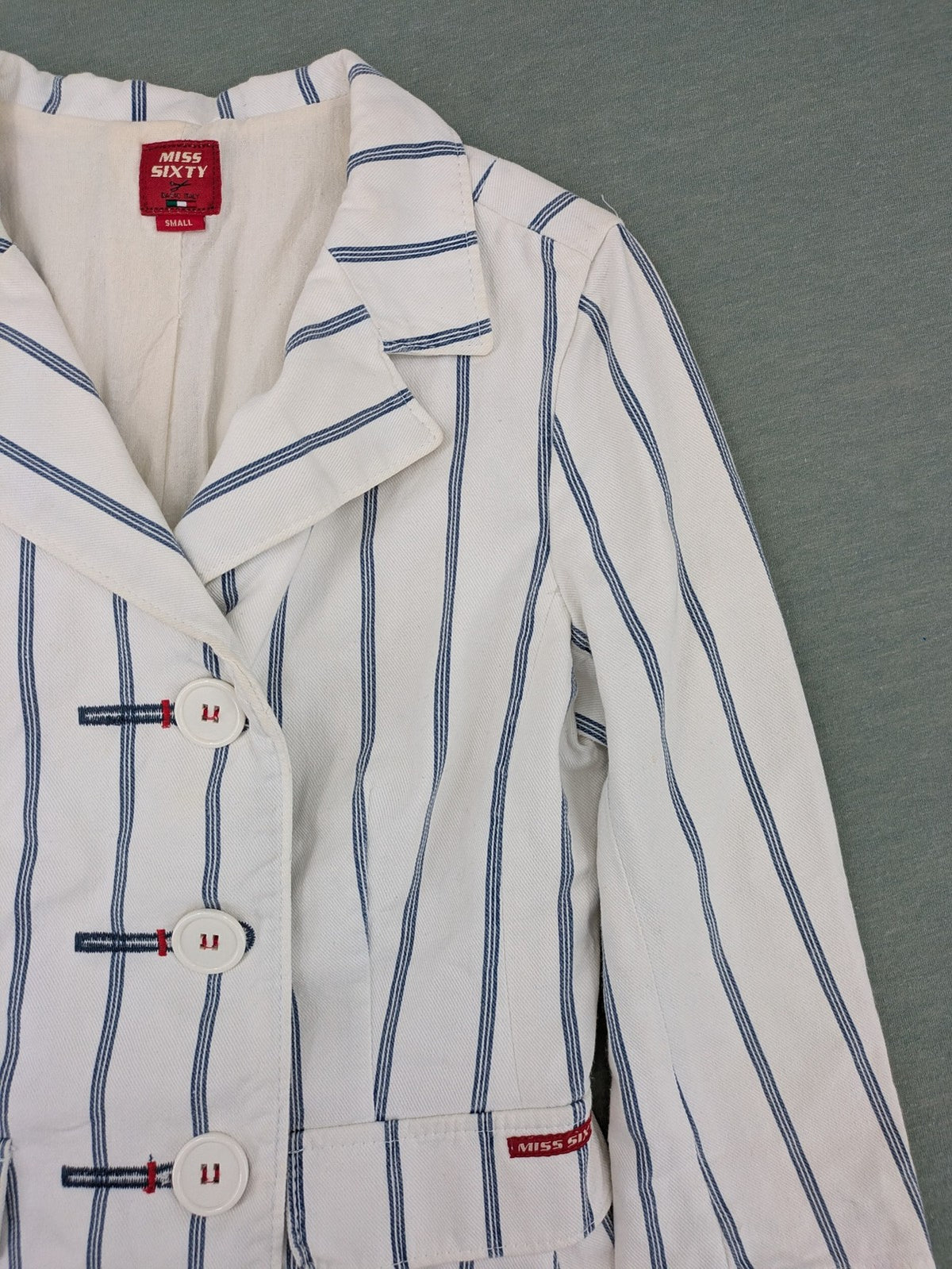 Miss Sixty vintage blazer white and blue striped cotton with logo and unique button closures.