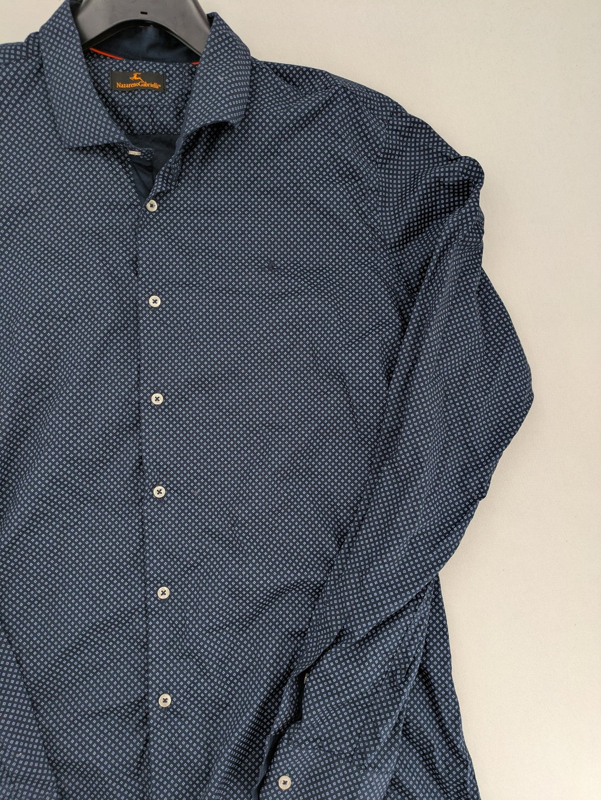 Nazareno Gabrielli blue button-up shirt with subtle pattern and classic collar, made in Italy.